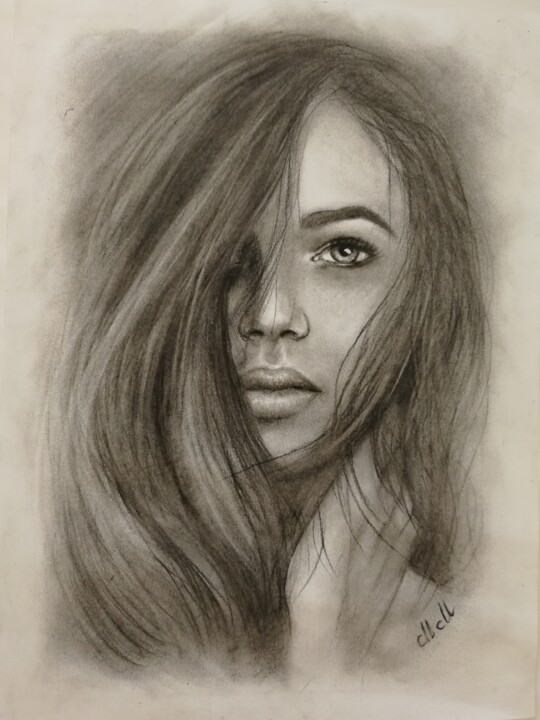 Drawing titled "Beautiful woman - o…" by Mateja Marinko, Original Artwork, Charcoal