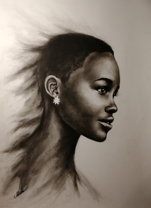 Dessin intitulée "African Beauty - or…" par Mateja Marinko, Œuvre d'art originale, Fusain