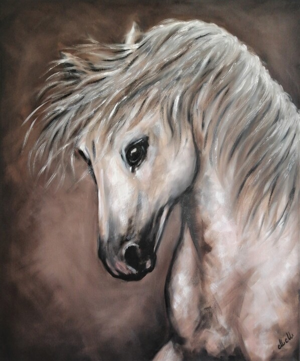 Schilderij getiteld "White horse - origi…" door Mateja Marinko, Origineel Kunstwerk, Olie