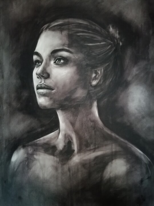 Painting titled "Black and white por…" by Mateja Marinko, Original Artwork, Charcoal