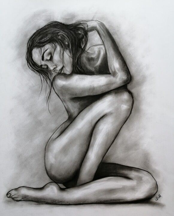 Tekening getiteld "Naked Beauty - blac…" door Mateja Marinko, Origineel Kunstwerk, Houtskool