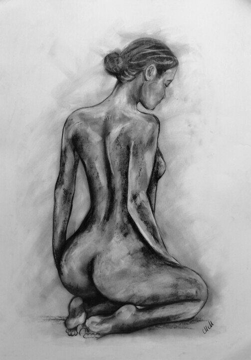 Disegno intitolato "Woman's back - orig…" da Mateja Marinko, Opera d'arte originale, Carbone