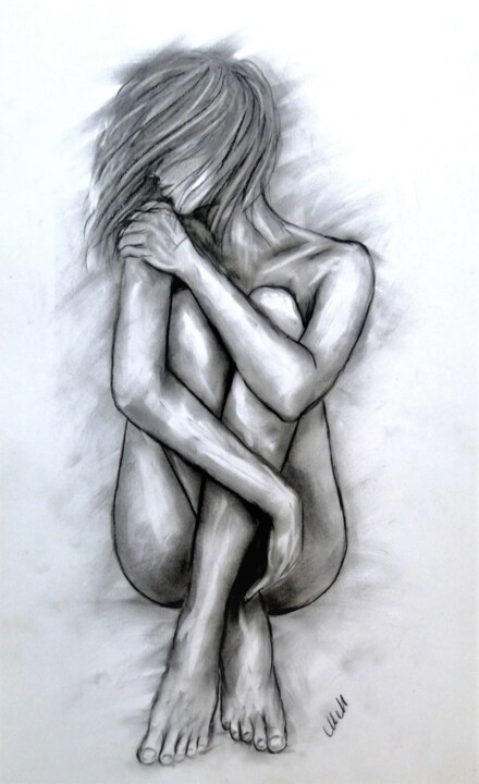 Drawing titled "Mysterious woman II" by Mateja Marinko, Original Artwork, Charcoal