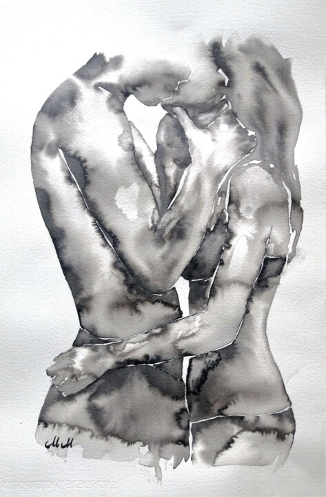 Peinture intitulée "Lovers embrace VI" par Mateja Marinko, Œuvre d'art originale, Encre