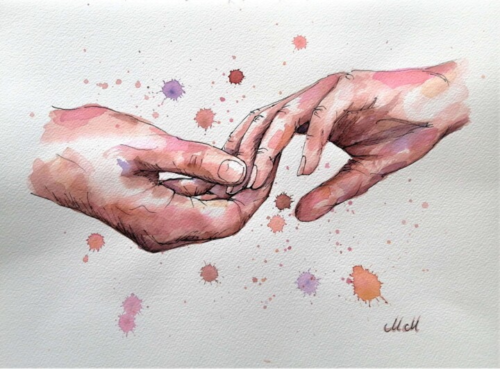 Pittura intitolato "Holding Hands VII" da Mateja Marinko, Opera d'arte originale, Acquarello