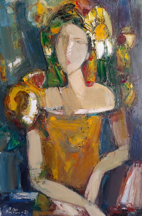 Painting titled "Girl with sunflower…" by Mateos Sargsyan, Original Artwork, Oil Mounted on Wood Stretcher frame