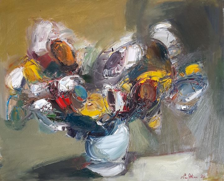 Painting titled "Abstract flowers (5…" by Mateos Sargsyan, Original Artwork, Oil Mounted on Wood Stretcher frame