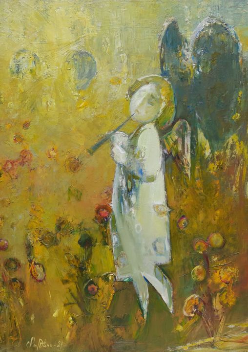 Painting titled "Angel song (50x70cm…" by Mateos Sargsyan, Original Artwork, Oil Mounted on Wood Stretcher frame