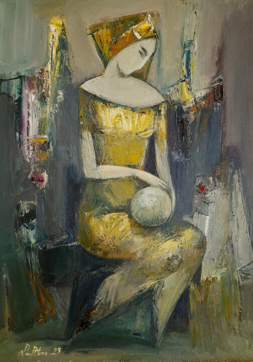 Painting titled "GIRL WITH YELLOW BA…" by Mateos Sargsyan, Original Artwork, Oil Mounted on Wood Stretcher frame