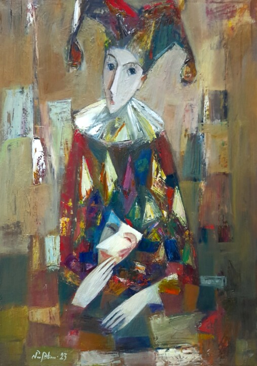 Painting titled "The Clown (48x65cm,…" by Mateos Sargsyan, Original Artwork, Oil Mounted on Wood Stretcher frame