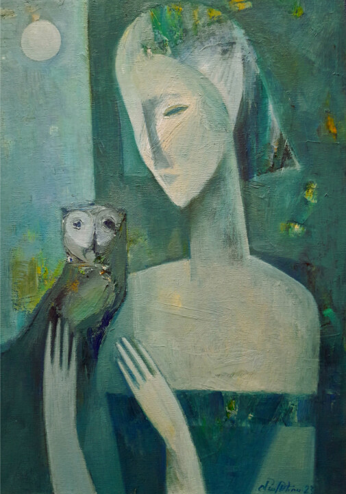 Painting titled "Lunar Companion" by Mateos Sargsyan, Original Artwork, Oil Mounted on Wood Stretcher frame