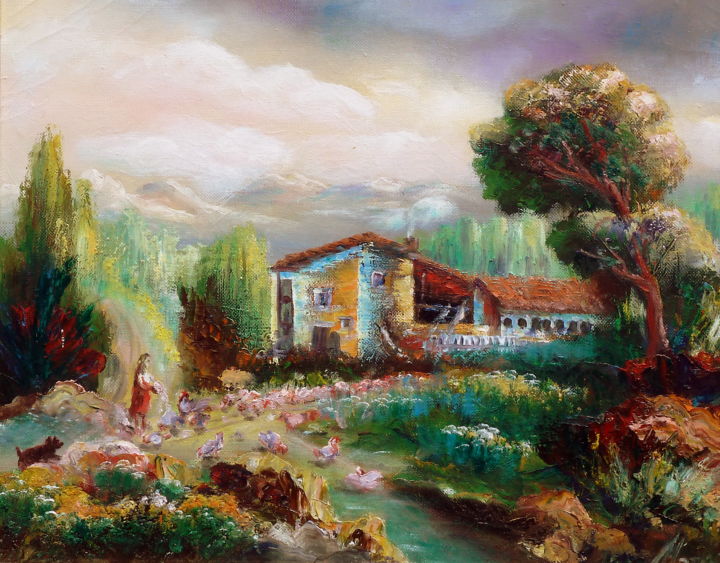 Painting titled "PAISAJE CON GRANJA" by Materia Y Arte, Original Artwork, Oil