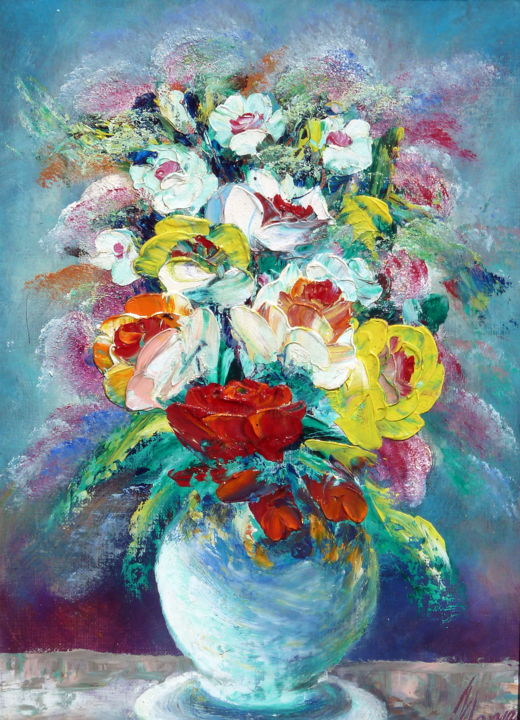 Jarron Blanco Con Flores, Pintura por Materia Y Arte