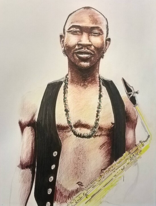 Dessin intitulée "Seun Kuti" par Mathias Cornet, Œuvre d'art originale