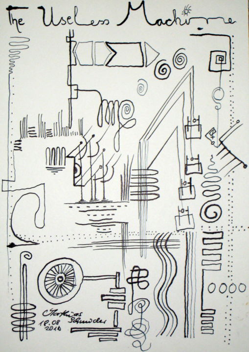 Drawing titled "The Useless Machine" by Mathias Schneider, Original Artwork, Ink