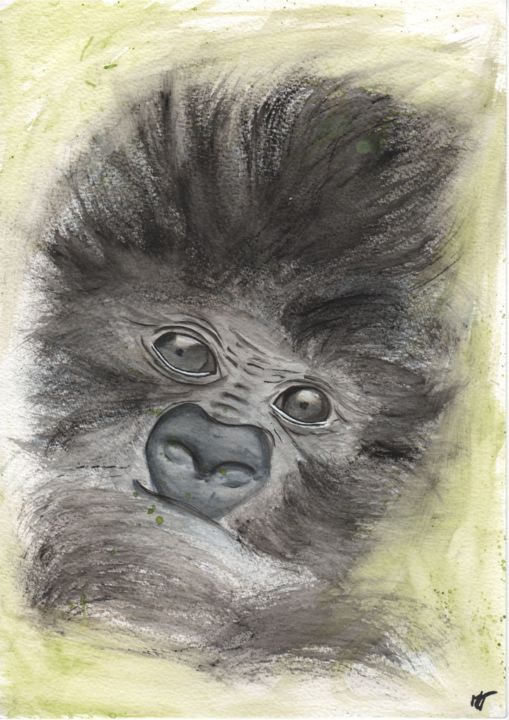 Peinture intitulée "Bébé Gorille des Mo…" par Mathilde Templé, Œuvre d'art originale, Aquarelle