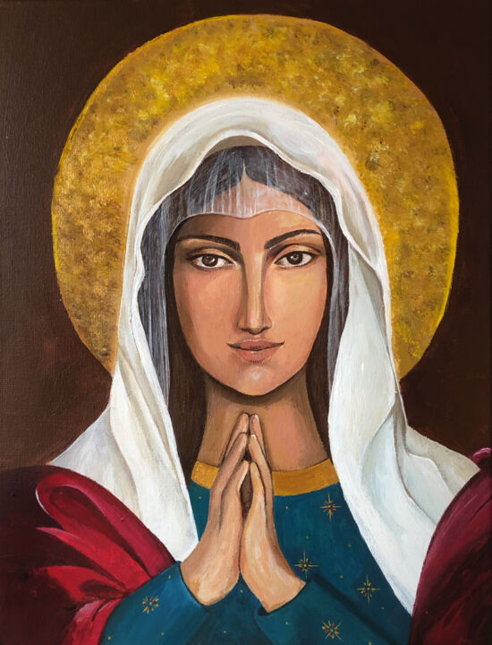 Malerei mit dem Titel "La vierge Marie au…" von Matild Bathory, Original-Kunstwerk, Acryl Auf Keilrahmen aus Holz montiert