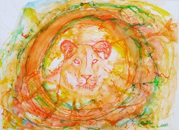 Painting titled "Lioness from the 'A…" by Matilde Cánepa González, Original Artwork, Watercolor Mounted on Other rigid panel