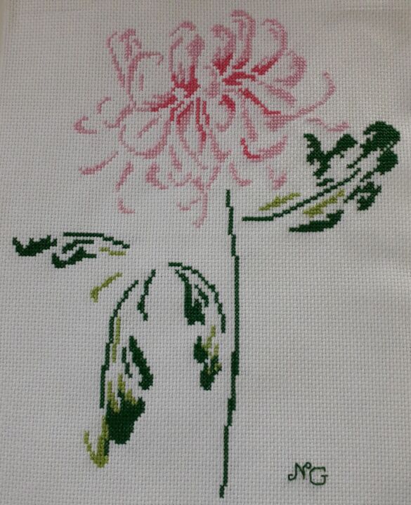 Arte textil titulada "Fleur rosée" por Nathalie Gautier, Obra de arte original, Bordado