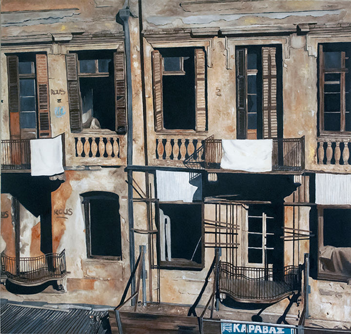 Painting titled "Building on Ermou S…" by Mats Pehrson, Original Artwork, Oil Mounted on Wood Stretcher frame