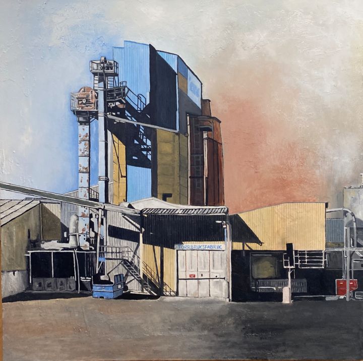 Painting titled "CEMENTFABRIKEN" by Mats Pehrson, Original Artwork, Oil Mounted on Wood Stretcher frame
