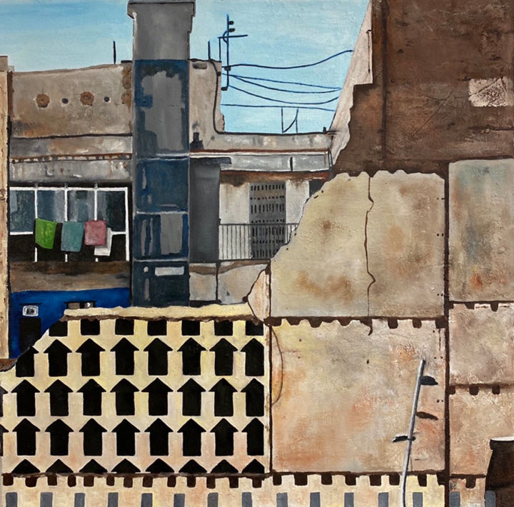 Painting titled "El Raval" by Mats Pehrson, Original Artwork, Oil Mounted on Wood Stretcher frame