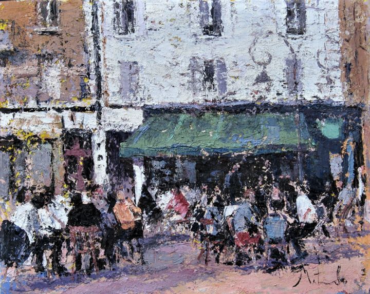 Painting titled "Bistrot Plein Aire" by Toshio Matsuda, Original Artwork, Oil