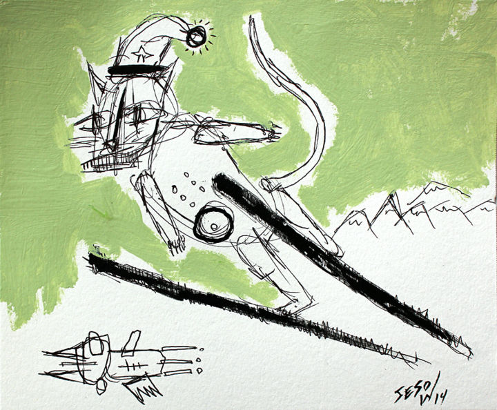 Painting titled "Ski jumping" by Matt Sesow, Original Artwork, Acrylic