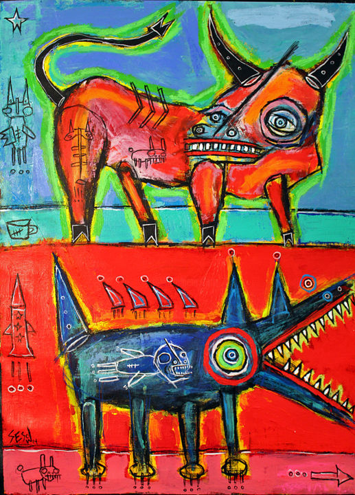 Painting titled "Bull and dog" by Matt Sesow, Original Artwork, Acrylic