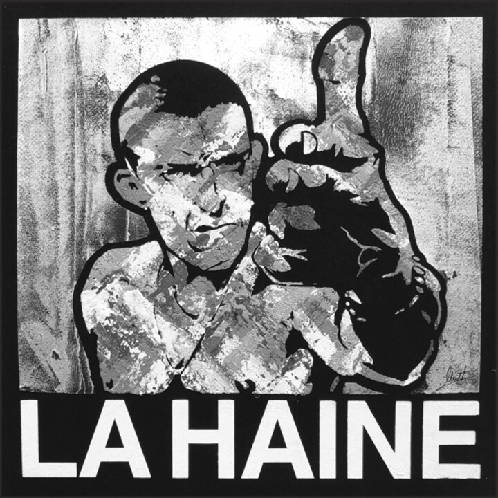 Painting titled "LA HAINE" by Matteo Calconi, Original Artwork, Screenprinting Mounted on Wood Stretcher frame
