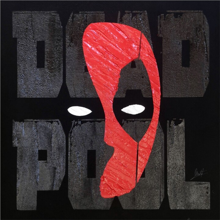 Painting titled "DEADPOOL" by Matteo Calconi, Original Artwork, Ink Mounted on Wood Stretcher frame