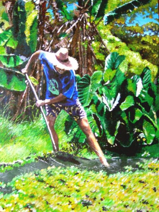 Painting titled "Tending the Taro" by Matthew Holton, Original Artwork, Oil