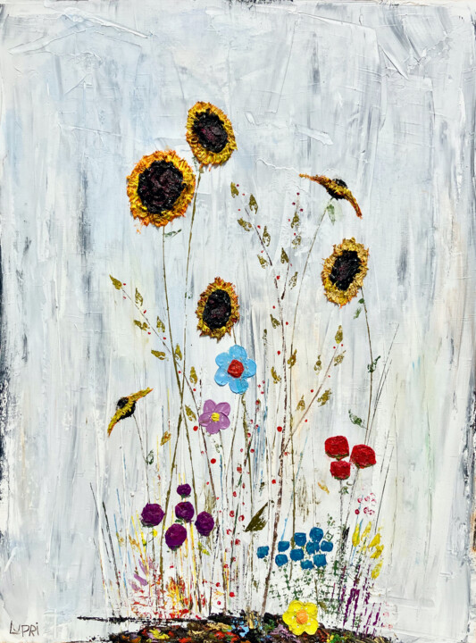 Painting titled "Sunflowers, Camilia…" by Matthias Lupri, Original Artwork, Oil Mounted on Wood Stretcher frame