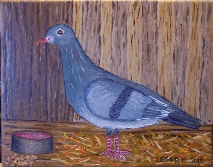Malerei mit dem Titel "Pigeon voyageur" von Matthieu Leger, Original-Kunstwerk, Öl