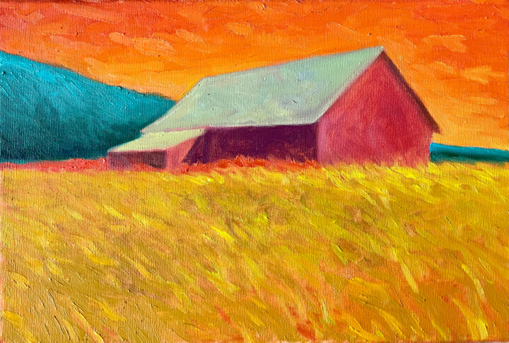 Painting titled "Red Barn" by Mattia Riccadonna, Original Artwork, Oil