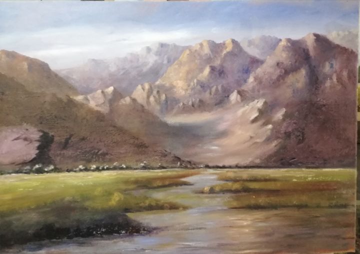 Painting titled "Misty mountains.jpg" by Mattie Joubert, Original Artwork, Oil