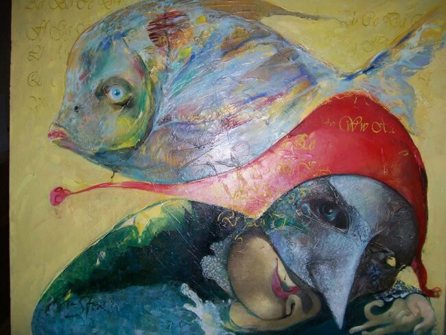 Картина под названием "Арлекин в маске с р…" - Матяш Сергей, Подлинное произведение искусства