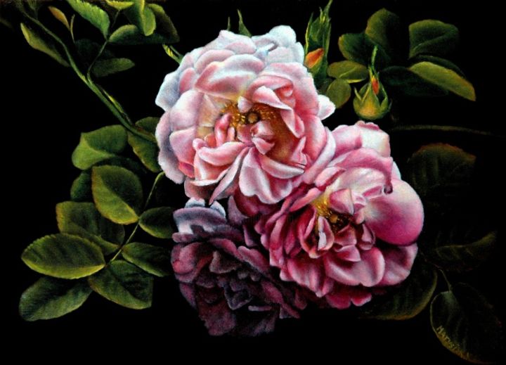 Pintura titulada "TROIS ROSES ANGLAIS…" por Yvette Matysiak, Obra de arte original, Oleo
