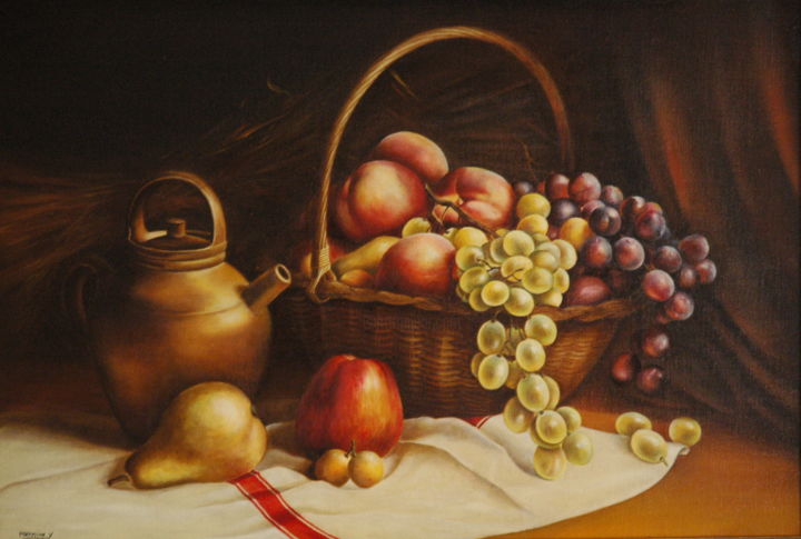 Malerei mit dem Titel "PANIER DE FRUITS" von Yvette Matysiak, Original-Kunstwerk, Öl