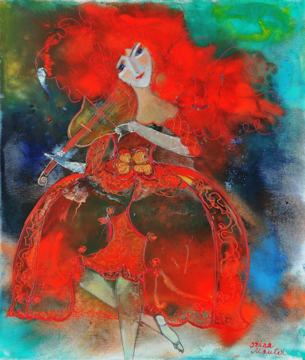 Картина под названием "Красная скрипачка" - Irina Mauler (mauler13), Подлинное произведение искусства, Масло