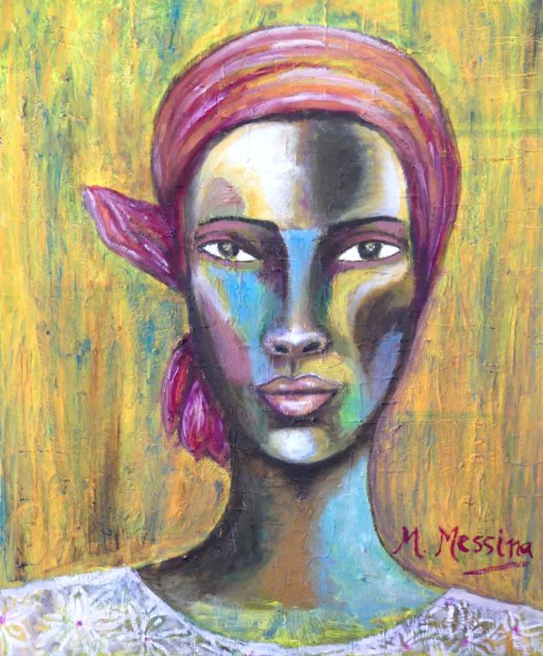 Painting titled "Femme au turban rou…" by Maura Messina, Original Artwork, Oil