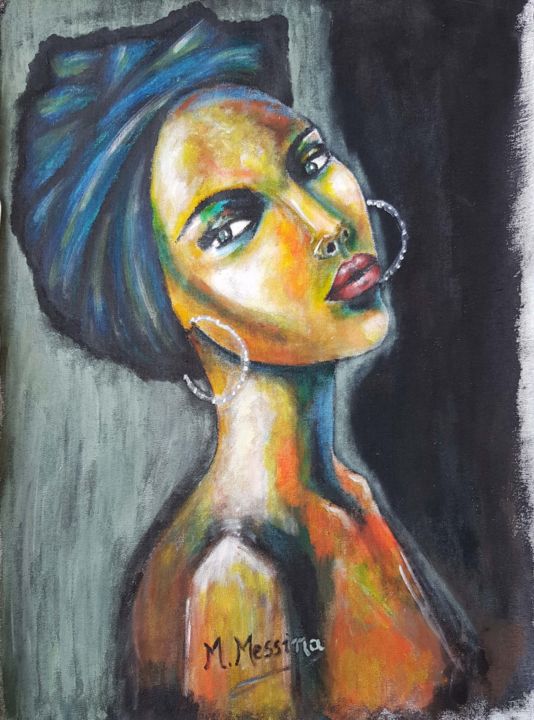 Painting titled "Femme au turban bleu" by Maura Messina, Original Artwork, Acrylic