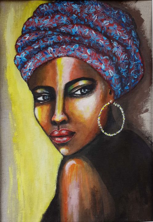 Painting titled "Femme au turban ble…" by Maura Messina, Original Artwork, Acrylic
