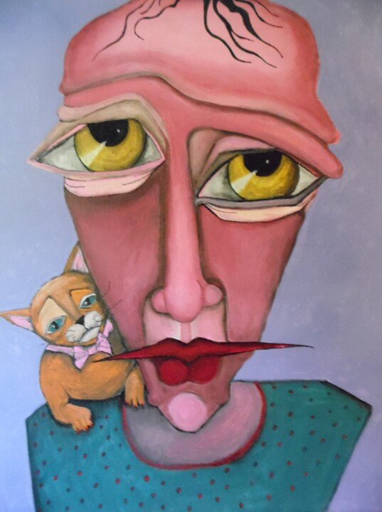 Painting titled "me and my cat" by Maureen J Thompson, Original Artwork, Acrylic Mounted on Wood Stretcher frame