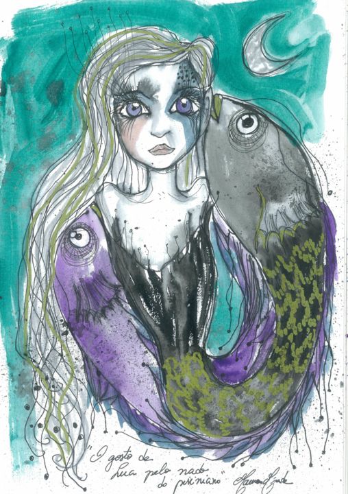 Pintura intitulada "Peixes" por Maureen Miranda, Obras de arte originais, Aquarela