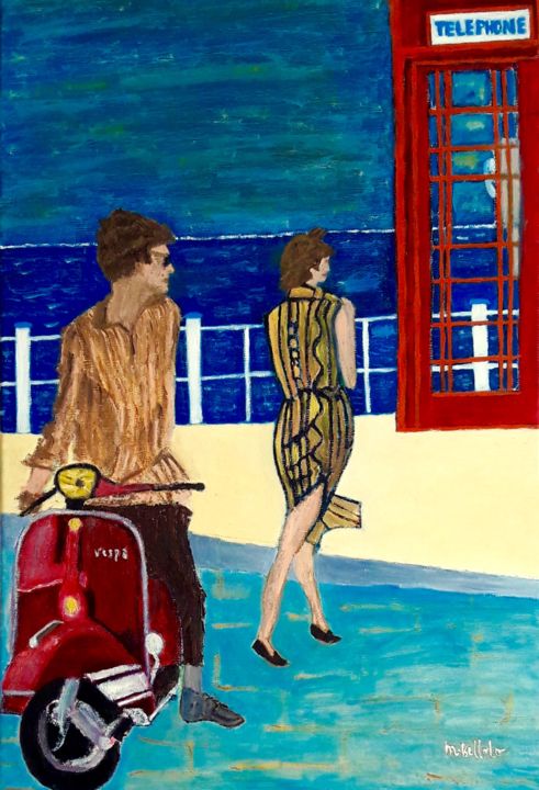 Painting titled "Vespa" by Maurice Bellolo, Original Artwork, Oil Mounted on Wood Stretcher frame