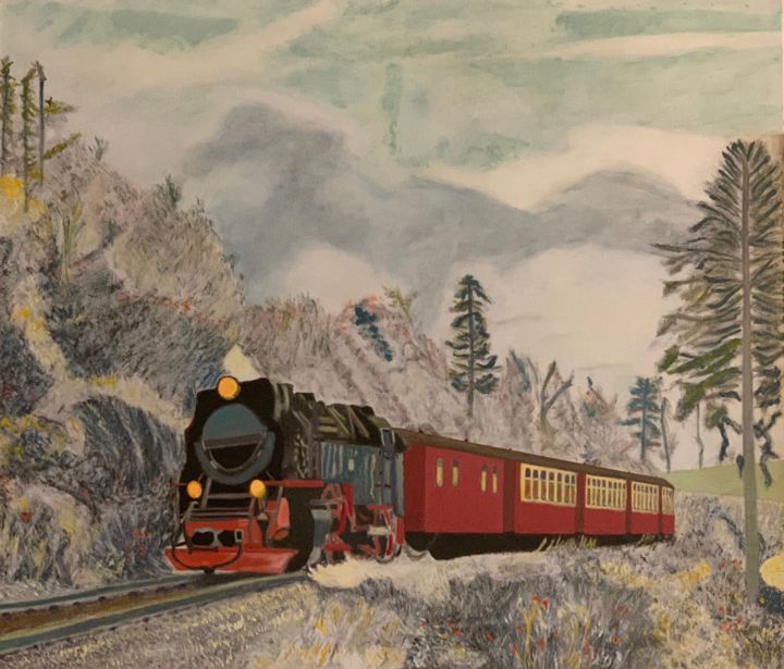 Malerei mit dem Titel "Le train" von Maurice Bellolo, Original-Kunstwerk, Öl Auf Keilrahmen aus Holz montiert