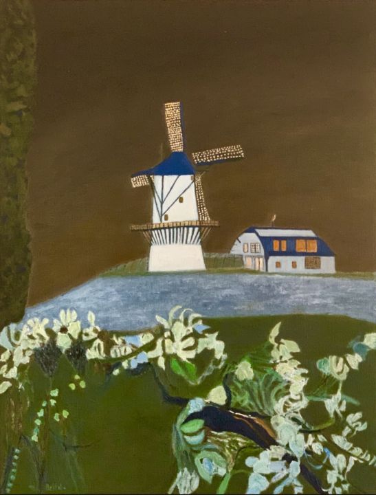 Ζωγραφική με τίτλο "Le moulin à vent -…" από Maurice Bellolo, Αυθεντικά έργα τέχνης, Λάδι Τοποθετήθηκε στο Ξύλινο φορείο σκε…