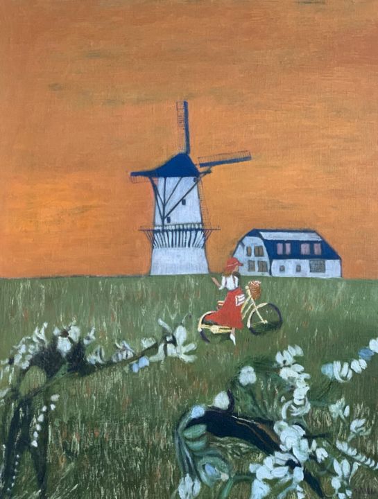 Peinture intitulée "Le moulin à vent -…" par Maurice Bellolo, Œuvre d'art originale, Huile Monté sur Châssis en bois