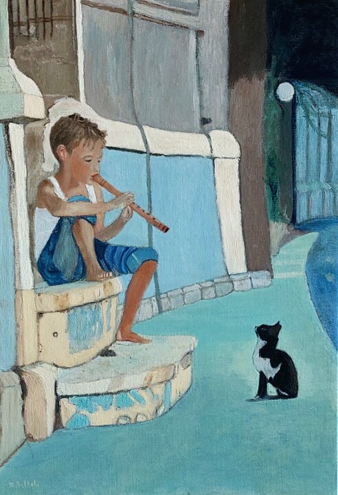Peinture intitulée "Le garçon et le chat" par Maurice Bellolo, Œuvre d'art originale, Huile Monté sur Châssis en bois